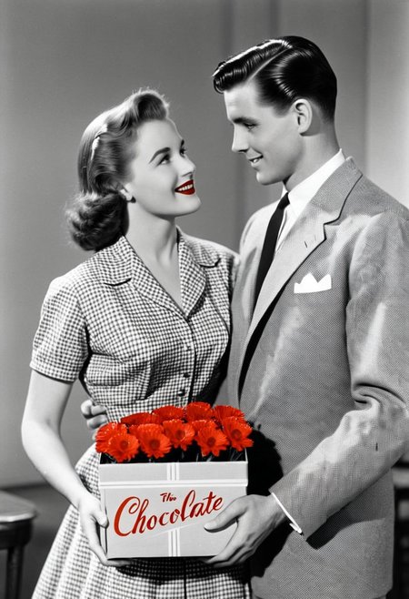 1girl and 1boy in love in the 1950s holding red flowers and a box of chocolate