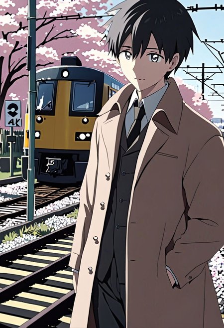 Highres, Masterpiece, High Quality, 4K, 8K, solo, 1Boy, Takaki Toono, adult, black hair, short hair, brown coat, trousers, passing train, railroad crossing, cherry blossoms, easynegative, detailed_eye_model