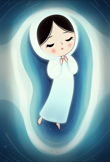 zPDXL3, source_cartoon, Perfect Hands, full body,
1girl, solo, sea bottom, looking at viewer, saoirse, black hair, black eyes, blush, ghost, hood up, robe, barefoot, glowing, lying under the sea, from above, lying on side, facing at viewer, feeling cold, eyes closed, emotionless, open mouth, sleeve past wrist, slim body, long body, highlight cloth wrinkle, anime style, dark blue background,
<lora:Perfect Hands:1>  <lora:Saoirse_-_The_Song_of_the_Sea-000009:1>