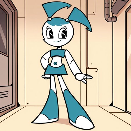 (masterpiece), (best quality), absurdres, intricate details, highres, <lora:XJ9_ILLUS_2:1> , xj1, 1girl, twintails, jenny wakeman, robot,  robot, android, robot joints,  crop top, skirt, looking at viewer, black eyes, smile, full body, no nose