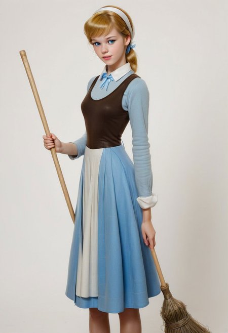 Ultra Realistic, full body shot,  Cinderella,  Everyday dress, white scarf in hair, holding a broomstick