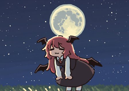 masterpiece, best quality, very aesthetic BREAK muji \(uimss\), 1girl, solo, koakuma, small breasts, flying, leaning forward, = =, \:3\, star \(sky\), wings, full moon, 
<lora:noob05-Kyora-san-unet only-jan31-step00002464:1>
