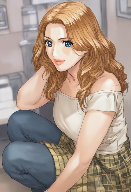 source_anime, score_9, score_8_up, score_7_up, 1girl, mature_female, solo, Squatting, ready to jump, pov, (Olive plaid skirt), blond_hair, cropped shoulders, rating_safe, <lora:sdxl\pony diffusion\artist_styles\tohru_nishimaki_pony:1.0>