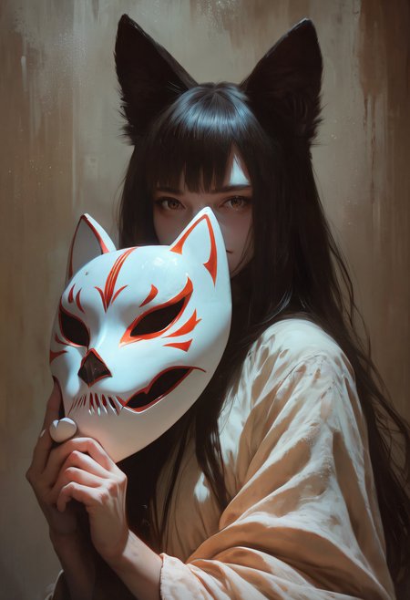 score_9, score_8_up, score_7_up, score_6_up, zy_ash, 1girl, solo, long hair, looking at viewer, bangs, black hair, holding, animal ears, brown eyes, fox ears, mask, portrait, brown background, darkness, realistic, covered mouth, fox mask, holding mask, <lora:zy_ash_v1:.7>