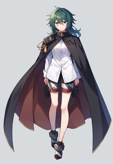 safe_pos, score_9, score_8, score_7, source_anime, kiso (kancolle), bandolier, scar, medium breasts, cannon, heterochromia, white shirt, full body, long sleeves, black cape