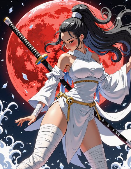 mythp0rt, sftsrv style illustration, 80mm film photograph, A sexy and sensual Korean MILF with the face of an idol, floating gracefully in the air while holding a katana. Only Her large breasts and lower body are modestly covered by white bandages, adding an element of intrigue to her appearance, The background features a striking blood moon, casting an eerie red glow over the scene and emphasizing her fierce, warrior-like persona. The overall atmosphere is a blend of sensuality and power, with the blood moon enhancing her mystique and strength