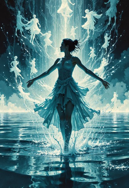(in Otomo Katsuhiro style:1.2), masterpiece, high-quality, A dancer mid-performance on a stage of rippling water, each step sending waves through the reflective surface, The camera captures a dynamic low angle, her face illuminated with an expression of blissful surrender, Around her faint mirages of other dancers shimmer and dissolve into the ripples, liquid stage, motion mirages, dynamic beauty, (photorealistic surreal movement photography:1.1), (elaborate fine details:1.1), (hyperdetailed:1.1), (intricate details:1.0), (Refined details:1.1), (best quality:1.1), (high resolution:1.2), <lora:FLUX\VividlySurrealV2:0.8>