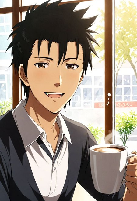 solo, 1boy, detailed_eye_model, easynegative, Soujirou Agata, Brown Eyes, Black Hair, cafe corner, afternoon, sunlight, warm, comfortable, sitting by the window, laughing, enthusiastic, hot drink, looking at viewer