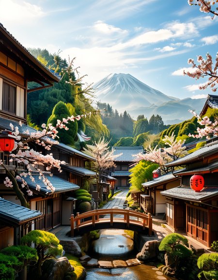 A picturesque traditional Japanese village nestled in a serene valley, surrounded by lush green mountains under a soft morning mist. The village consists of wooden houses with thatched roofs (gassho-zukuri style), showcasing intricate wooden details and sliding paper doors. A narrow stone-paved path winds through the village, leading to a small red torii gate at the entrance of a Shinto shrine. Cherry blossoms in full bloom line the streets, their pink petals gently falling in the breeze. A tranquil river flows through the village, crossed by an old wooden bridge with moss-covered stones. Villagers in traditional kimonos and straw hats go about their daily livesâan elderly man sweeping his porch, a woman carrying a basket of fresh produce, and children playing near a koi pond. The atmosphere is peaceful and nostalgic, with warm sunlight filtering through the trees, casting dappled shadows on the ground. The scene is rich in traditional Japanese aesthetics, evoking a sense of harmony and timeless beauty.
<lora:SDXLFaeTastic2400:0.4> <lora:extremely_detailed:0.4> extremely detailed,<lora:traditional_Japanese_v1ll4g3:1>,traditional Japanese v1ll4g3, Masterpiece,best quality,hi res,8k,hi res,8k,award winning,(sharp focus, intricate, highly detailed),