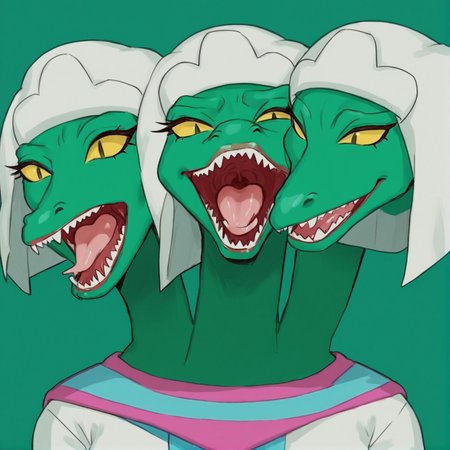 score_9,score_8,score_7,source_furry,
<solo:1.5>,
<1girl:2.5>,
alien girl, three heads, 3 heads, multi heads,multiple heads,
( art by donguri suzume ) ,,
trinoga, hydra, hydra girl, alien, alien girl, trinoga_muttabar, sharp teeth, teeth, open mouth, no humans, yellow eyes, parody, green background, colored sclera,
<lora:Trinoga_Hydra_Muttabar:1> trinoga