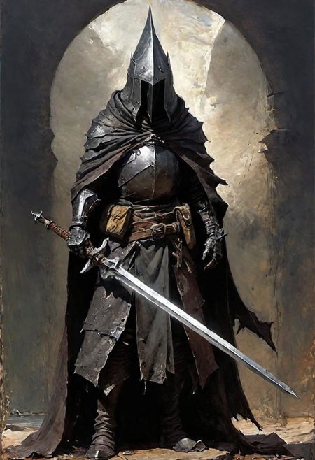 videogame art of (((Abyss Watchers)))
wearing (ragged, brigand, holding a giant metal sword,  leather tunic, metal plates and cloth, pointy shaped helmet, sewn together), gothic, legion,  by Jean-Baptiste Monge and Nicola Samori, Nazgul from lord of the rings