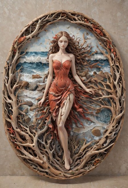 round plate on a display stand, hand Carved, 3D Seascape, abstract art, Carving, EPIC, Marbled Effect, <lora:3D_Framed_Wall_Art_-_By_DICE:0.4>, (3D Framed, girl in red dress), UHD, <lora:Driftwood_Detailed_Art_-_By_DICE:0.8> , driftwood red girl