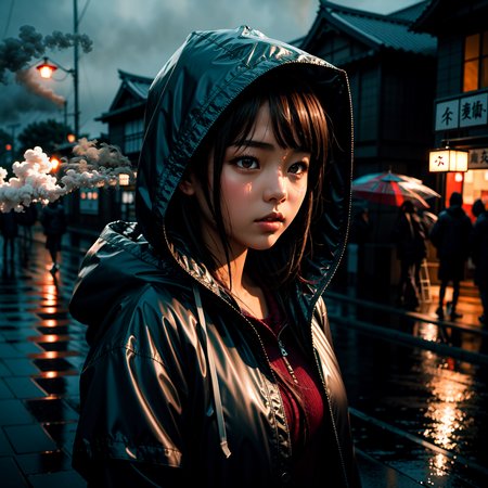 masterpiece, best quality, 1girl, japanese, brown hair, parted bangs, medium hair, brown eyes, parted lips,  hooded jacket, unbuttoned, rain, wet, cold, blowing smoke, 
<lora:skin_tone_slider_v1:1.5>  <lora:eye_size_slider_v1:0>  <lora:detailSliderALT2:0.5>,  <lora:age_slider_v6:-1.8> , blue hour, twilight, ISO12000 ,  <lora:GoodHands-vanilla:1>