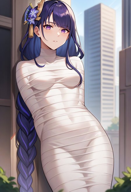 score_9,score_8_up,score_7_up,score_6_up,score_5_up,score_4_up,
1girl, raiden shogun, long hair, breasts, 
solo, cowboy shot, outdoors, city, looking at viewer,
mummification \(bound\), 
<lora:mummyponyxlmerge:1>