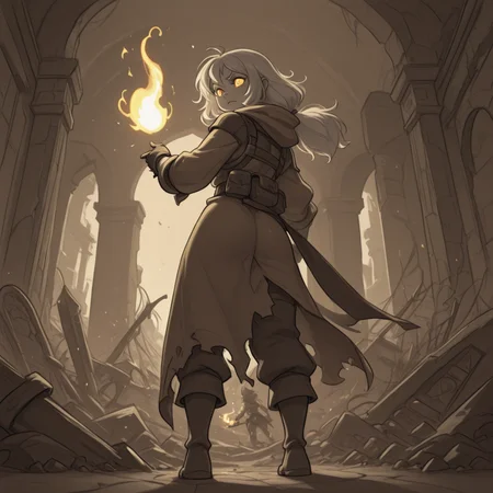 1girl, thief, fantasy, ruins, 
tactical spellcaster, hurling a small flame spell to ignite an approaching swarm of spiders, fiery light reflecting in their determined eyes, from behind view 
 <lora:DarkfireLabs_Splash_of_White:1> monochrome,
