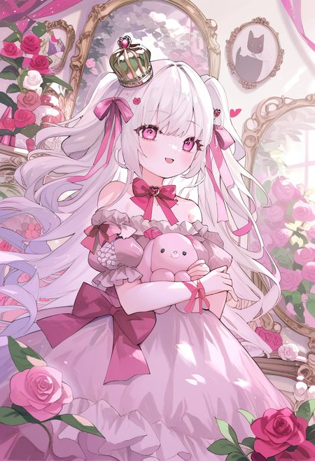 score_9, score_8_up, score_7_up, score_6_up, <lora:oninekoXL_TPN55_lokr_V43P1:0.95>   1girl, crown, dress, stuffed toy, flower, solo, mirror, stuffed animal, long hair, rose, pink eyes, pink dress, mini crown, stuffed rabbit, ribbon, looking at viewer, blush, pink rose, bow, pink ribbon, holding, pink flower, white hair, pink bow, off-shoulder dress, short sleeves, holding stuffed toy, hair ribbon, puffy sleeves, smile, off shoulder, frills, open mouth, picture frame, white flower, two side up, bare shoulders, frilled dress, puffy short sleeves, hair ornament, very long hair