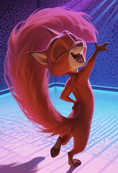 masterpiece, absurdres, amazing quality, photorealistic, ultra-detailed, solo, male focus, from above, high-angle view, from behind, rear view, chibi, furry male, 1boy, chip_superpet, red fur, eyes closed, turning head, crooked whiskers, chipped tooth, buck teeth, open mouth, happy, tongue, teeth, fluffy tail, slim, tiny waist, body fur, brown hands, reclining, standing, full body, looking at viewer, leg up, dancing, standing on one leg, pawpads, hand on hip, arm up, outstretched arm, naked, no anus, dancing, long tail, 
BREAK 
psychedelic background, patterned background, nightclub, dancefloor, neon lights, oversized object, g0thic, neon, shadow, detailed shading, underlighting, WaiIL25PosC