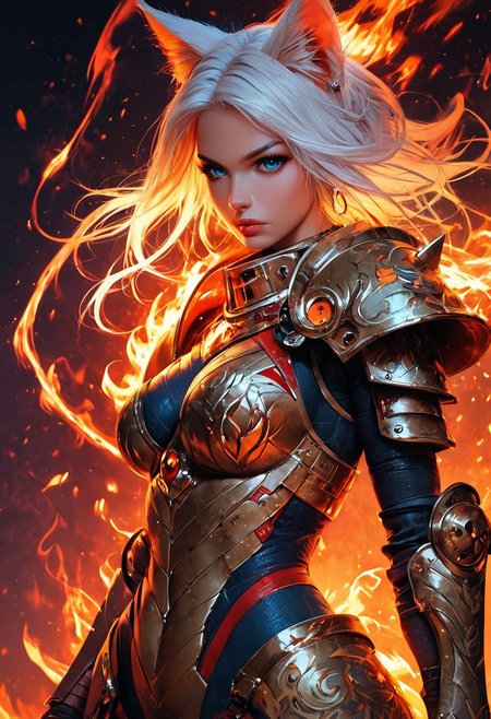 score_9, score_8_up, score_7_up,Score_9, Score_8_up, Score_7_up, hyper detailed, hyper realistic, 8k, high quality, high resolution, best quality, absurd resolution, natural lighting,<lora:EpicF1reP0ny:0.8>, 1 foxgirl,  fox ears, fox tail with flames,armor with flames, big breast,weapon , solo, shoulder armor, blue eyes, pauldrons, white hair, looking at viewer, power armor, fire, HD, high detail, 8k, < lora: pony /twilight_style : 0.8 > concept art, realistic <lora:pony/expressionh:0.8 >,