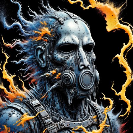 Zombie soldier wearing a biohazard gas mask, black and gold filigree, navy and gold vapor swirls, details in details