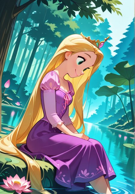 masterpiece, best quality, amazing quality, very aesthetic, absurdres,  newest, detailed background, cowboy shot,  outdoors, dynamic angle, perfect eyes, beautiful eyes,
rapunzelxd, 1girl, blonde hair, solo, barefoot, very long hair, sitting, flower, lily pad, crown, nature, smile, purple dress, water, lotus, pond, outdoors, soaking feet, tiara, forest, princess, long sleeves, day, tree
<lora:Rapunzel_-_Disney_Illustrious:1>