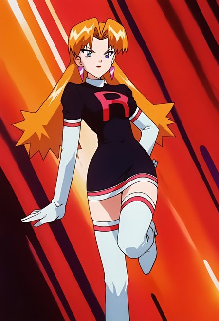 score_9, score_8_up, score_7_up, rating_safe, source_anime, anime_screenshot, amine_coloring 1girl, highres, uncensored,
PKMNCassidy, 1girl, orange hair, long hair, parted bangs, purple eyes, red lips, earrings, PKMNCassidy, 1girl, orange hair, long hair, parted bangs, purple eyes, red lips, earrings, Team Rocket Uniform, black dress, white gloves, elbow gloves, zettai ryoiki, white thighhighs, high heel boots