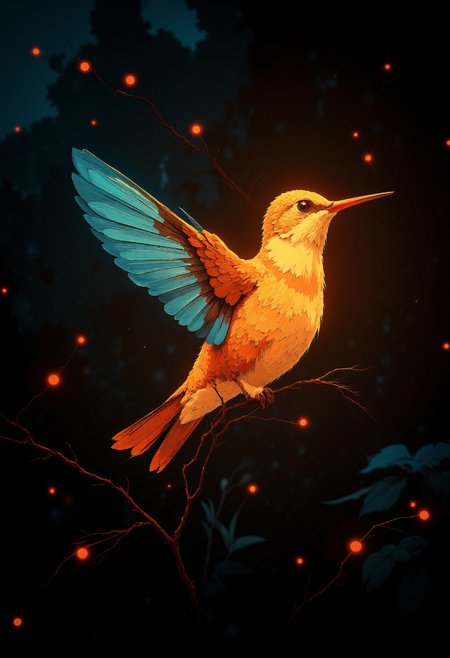 A glowing hummingbird in the garden, rim lit, light and dark contrast, focus on hummingbird, brilliant glow, vibrant glow