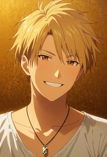 Yamato Ishida, masterpiece, best quality, (1boy), solo, male focus, High definition, Blonde hair, 4K, narcissistic, smile, Necklace