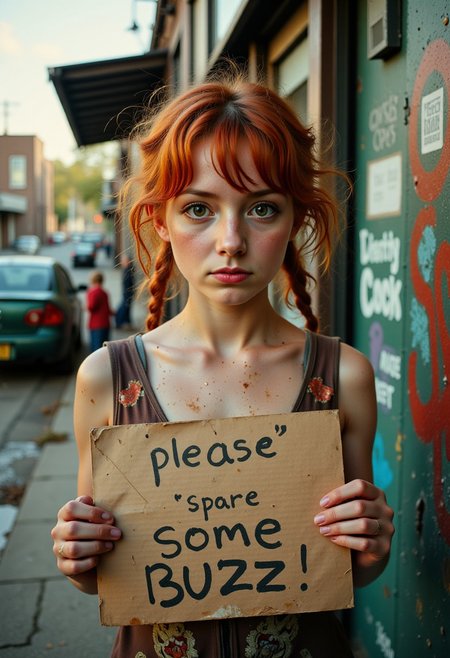 poor dirty young girl on a dirty dingy street corner begging, she is holding a sign that reads "please spare some buzz" written in marker, she has messy air and dirty clothes, her face is also dirty. She has red messy hair and bright green eyes with a sad look on her face. Her eyes convey her desperation and longing for buzz. 0y5top1a8e, dystopian, desolate, run down, dirty, filthy, greasy, oily, stained, gross, disgusting. Longing eyes, sad eyes, desperate eyes, look of despair, look of desperation.