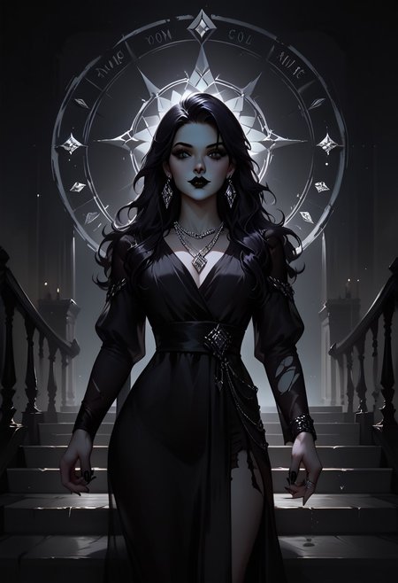 score_9, score_8_up, highly detailed, score_7_up, easynegative, concept art, realistic, dark theme, perfect quality, highly detailed, low light, face focus, anatomically perfect, handfixer
cowboy shot, gothic fantasy style, wide gothic grey marble staircase, outdoor scene,
1girl, 30 years old woman, tall regal figure, slender body, angelic beauty, pale skin, barefoot, slightly torn elegant long black robes, holes in robe, dark black messy hair, waist length hair, sharp nose, diamond nose stud, dark eyes, almond shaped eyes, black nail polish, standing at top of the staircase, black lipstick, soft smile, silver ring with ruby stone, silver diamond earrings, silver necklace with ruby medallion, looking at viewer, holding purple magical runes in each hand, Glowing Runes, Glowing Rune Circle