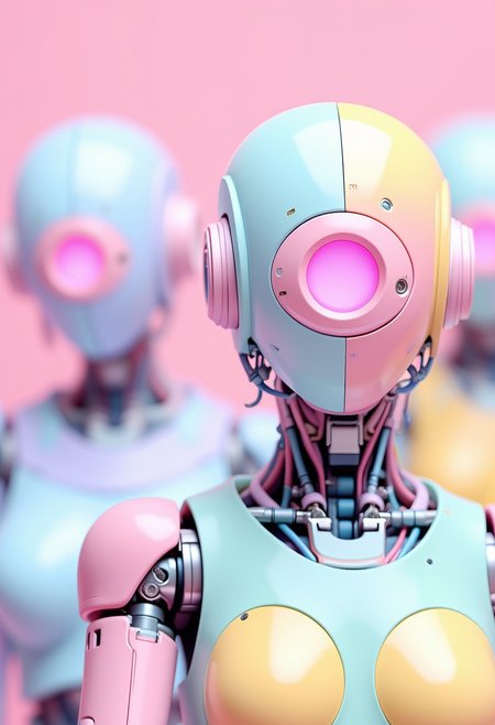 ajpasbot. This is a highly detailed, CGI-rendered digital artwork featuring three humanoid robots with a futuristic, stylized aesthetic. The robots are designed with a pastel color palette, predominantly featuring soft hues of pink, mint green, and baby blue. They are depicted in a futuristic, minimalist setting with a smooth, rounded body structure, reminiscent of humanoid forms.
The robot on the left has a light blue body with accents of pink and mint green. Its head is adorned with a large, circular, pink eye that appears to be a camera lens, reflecting a vibrant pink light. The robot's body is sleek and aerodynamic, with visible mechanical components and joints.
The central robot has a more vibrant color scheme, with a predominantly yellow body, featuring blue and pink accents. Its head is similarly designed with a large, circular, pink eye, and the mechanical components are more prominently visible, showcasing a mix of blue, pink, and yellow wiring.
