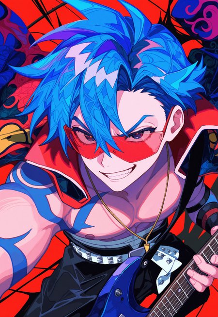 (dynamic pose, action), incoming attack, foreshortening,
male focus, kamina_(ttgl), tengen_toppa_gurren_lagann, electric guitar, red sunglasses, smirk, teeth, blue hair, pompadour, smear frame background,
yadu_nadu, patterned, ushiyama_ame, (dark, realistic),
masterpiece, absurdres, newest,
