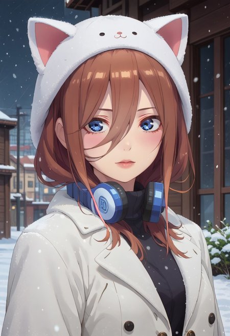 score_9,score_8_up,score_7_up,score_6_up, source_anime, woman, dynamic pose,  depth of field, dynamic angle, fashion photography, sharp, hyperdetailed:1.15
BREAK
miku nakano, long hair, bangs, blue eyes, brown hair,earphones, hair between eyes, , ,, medium breasts, , , slim body, extreme face detail
BREAK
, half body, waist up,white hat,cat ear hat,snow coat,outside,snowfall, pose sexy