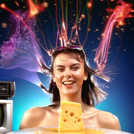 fireballs and laser beams in straight configuration coming out of futuristic eyeglasses in super surreal style harsh light details high quality film grain 50mm wide shot on sony analog HDTV camera laserdisc style. wide shot of a dorky australian brunette woman with a mullet and flesh strips cuts of beef high velocity from her forehead in a surreal style surrounded by swirling colour and sexy smirking at camera with a little wink. behind her are a huge array dripping cheese melting milk and liquids thick goopy psychedelic
