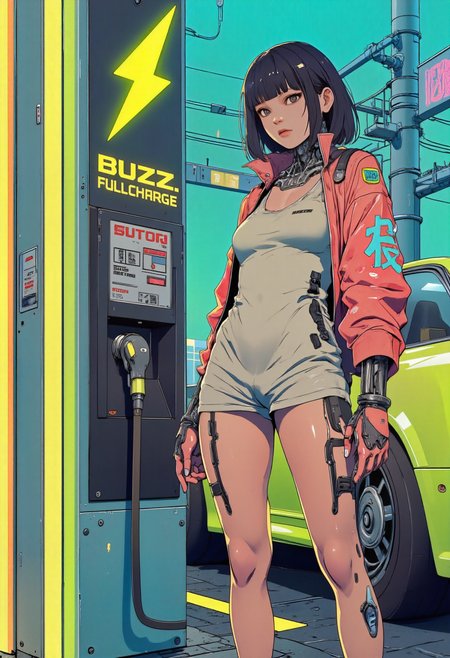 anime, cyberpunk.a  cyborg girl standing next to a modified 1994 Mitsubishi FTO GPX She uses a tank top jacket a t-shirt and shorts. She in futuristic car charge station with neon lights shaped like a lighting bolt logo and the words: "BUZZ. FULL CHARGE". Perfect hand.  