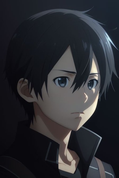 high resolution, solo, best quality, 1Boy, Kazuto Kirigaya, portraits, Black Hair, Black Eyes, cool, Mysterious black background, Movie lighting, a sense of atmosphere, OverallDetail