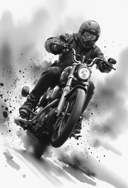 Scene Description: Motorcyclist in Ink Wash Style with dynamic angles.
Setting:
Background: The backdrop is a black ethereal ink wash, featuring soft gradients of grayscale that evoke a sense of grandeur and focus. The background is minimalistic, allowing the character and text to take center stage.
Main Character:
Motorcyclist: depicted in a powerful action shot riding a black Harley Davidson. The perspective angle enhances his stature, making him appear larger-than-life, radiating strength and confidence.
Details: character features are rendered with intricate brush strokes, capturing the essence of his ability. His helmet visor captures slight reflections, while subtle details like the texture of his clothing and the contours of his motorbike are highlighted through the ink wash technique.