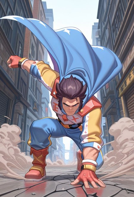 1boy, pen_mtas, muscular body, armor, Gold and Blue Armor, long sleeve, chest plate, Blue yellow pants, Cape, Blue white cape, gloves, fingerless gloves, Bracers, yellow bracers, Gauntlets, red gauntlets, boots, red boots
superhero landing, arm up, outstretched arms, 
(serious:1.2), 
looking at viewer, head down, 
outdoors, city, street, 
cracked floor, dust cloud, 
colorful, shiny skin, 
masterpiece, best quality, amazing quality, very aesthetic, absurdres, newest, scenery, (volumetric lighting:1.1), depth of field