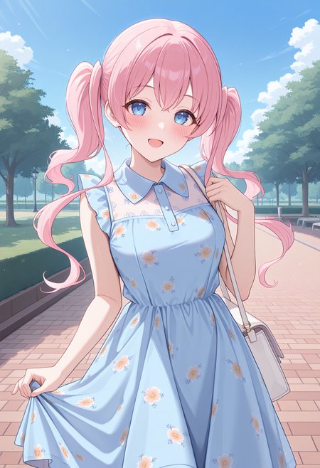 highres, best quality, masterpiece, blue sky, park,
1girl, solo, rlpmugi, pink hair, long hair, twintails, blue eyes,
light blue dress, print dress, floral print, collared dress, sleeveless dress, white bag, shoulder bag,
looking at viewer, blush, smile,
standing, open mouth, 
<lora:_tsumugi_pcr-elesico-ilxlB:1>