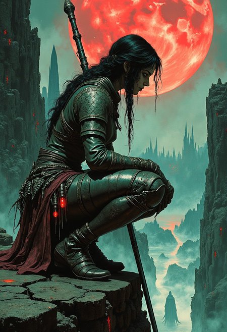 A deadly and agile huntress crouches low in a poised, predatory stance on the jagged edge of a crumbling cliff, overlooking a shadowy abyss filled with swirling mist. Her lean frame leans forward, one hand gripping the hilt of a sleek, black-bladed dagger glowing faintly with runic etchings, while her other arm steadies a long, intricately carved spear resting against her shoulder. Her raven-black hair is tied in a loose braid that flows down her back, interwoven with small, glinting metal beads. Her piercing, emerald-green eyes are locked on a distant foe, her expression a mixture of calm intensity and cold calculation.
Her outfit is a blend of dark leather and scale-like armor plates that shimmer with an iridescent hue, blending seamlessly into the dark fantasy environment. Adorning her chest are bone-like adornments carved with ancient symbols, while faintly glowing red vials hang from her belt, pulsing like a heartbeat.
The backdrop reveals a perilous world of towering stone spires, jagged cliffs, and an eerie, blood-red moon casting long, menacing shadows. Below, the mist churns with faint glimpses of monstrous shapes lurking within. In the distance, the faint sound of wailing echoes through the wind, adding to the dread-filled atmosphere. She crouches with predatory grace, her spear ready to strike as though she is the shadow itself, poised to deliver swift, silent death.
