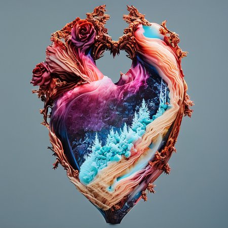 heartart , realistic snow heart  made out of wood and marble and roses, render,dblx,  cgi, 3d, extremely detailed,blue ice veins, colored backdrop, photohelper
