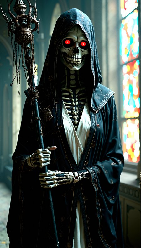 The figure stands with arms crossed over her chest, holding a staff decorated with skeletal elements in one hand, her posture regal and commanding.

Photorealistic portrayal of a undead beauty, gothic figure with a skeletal figure, dressed in an intricate black and white robe adorned with web-like patterns, standing in a dimly lit, ancient cathedral with eerie, red-glowing eyes.

Close-Up on the Eyes: A tight close-up shot focusing on her glowing red eyes, with the intricate details of her skeletal mask barely visible under the hood, creating a sense of intense, mysterious focus.

Soft, diffused light filtering through cracked stained-glass windows, casting eerie, multicolored shadows across her figure.

cinematic lighting, extremely intricate detail character, accurate depiction of character, correct body anatomy, correct hands and fingers, extremely intricate skin and facial skin texture detail, lifelike potrayal, extremely realistic lighting, extreme dynamic pose. Extremely sharp detail without blurring













