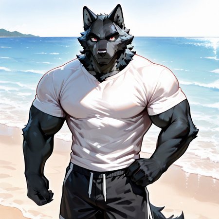 score_9, score_8_up, score_7_up, masterpiece, high budget, best style, 4k render, 8k render, high resolution, ultra detail, very high rating, (smooth lines), cartoon style, 2d, 1boy, solo, black wolf, anthro, furry, red eye, muscular, muscular male, black fur, good muscular fur, on the beach, black and white shorts, white and red t-shirt