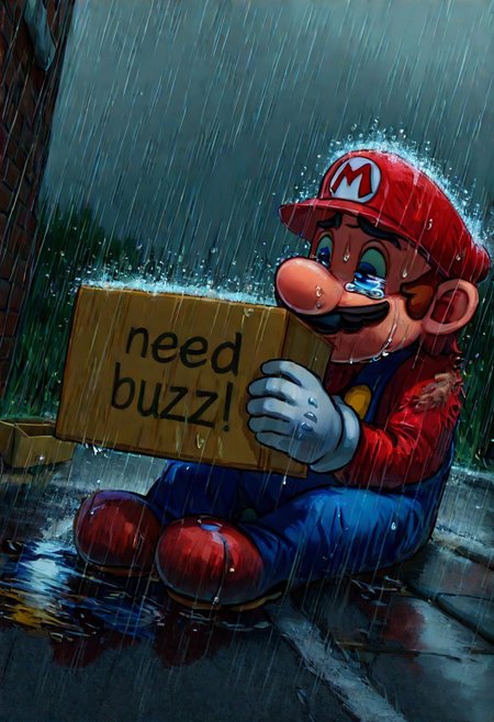 detailed, Mario, sad eyes, sad, crying, ragged clothes, beggar, blurry people walking past, need_buzz, holding sign, holding a I need buzz sign, (sitting, outdoors, rain, wet, street, grey background, cartoon box, homeless, hunched, old bum)