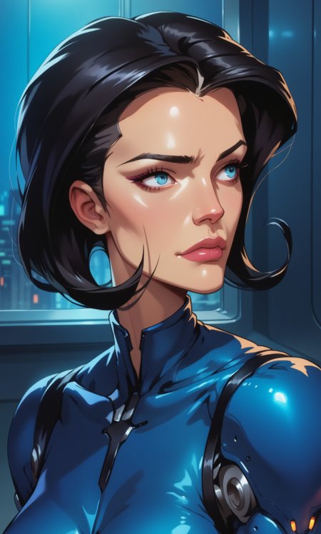 closeup on face , portait of face, (side view:0.5),dark blue outfit, aeon flux, black hair, blue eyes, upper body,  interior, futuristic city,shiny comic ,cyberpunk anime style , sharp image of a digital portrait of a woman's face. She has dark hair styled in a messy updo with loose curls framing her face. Her eyes are a piercing blue color and her eyebrows are a lighter shade of blue. She is wearing a blue jacket with a high collar and long sleeves. The background is a dark blue-green color with a hint of purple. The woman's expression is serious and her lips are slightly parted. The overall mood of the image is intense and dramatic.<lora:Pony\Aeon_Flux-000007.safetensors:1.0:1.0><lora:Flux\CPA.safetensors:1.0:1.0>