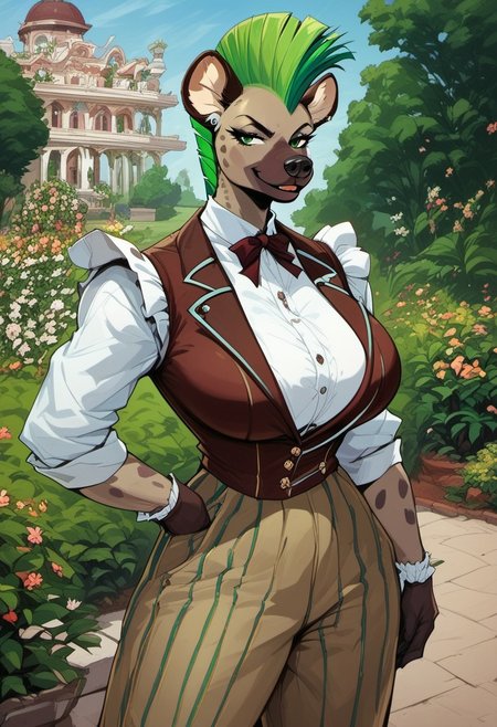 score_9, score_8_up, score_7_up, best quality, masterpiece, highres, Marcie, anthro hyena girl, green mohawk, wolfcut, deatiled green eyes, huge breasts, old mansion, beginning of 20th century clothes, suede pants, suede vest, cowboy shot, renaissance garden,