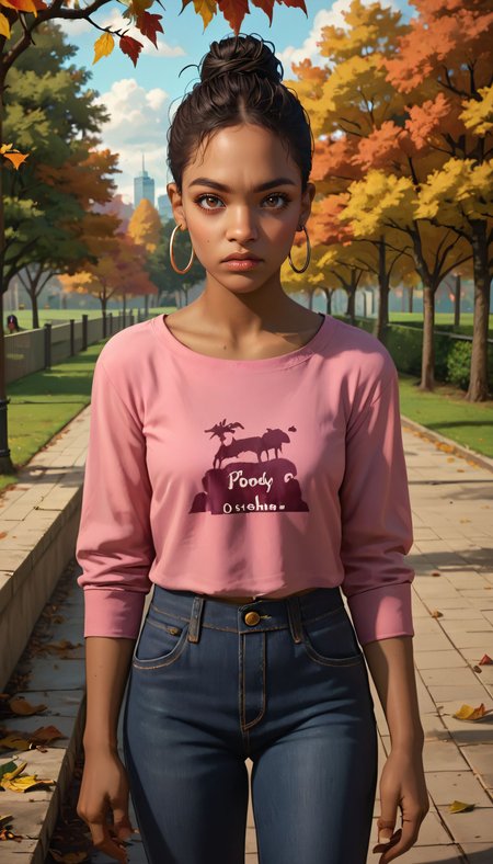 zPDXL3, <lora:l4d_rochelle:.8>,
 l4d_rochelle, dark skinned female, brown eyes, black hair, hair bun, hoop earrings, pink shirt, jeans, looking at viewer, serious, standing, outside, park, trees, autumn, overcast,