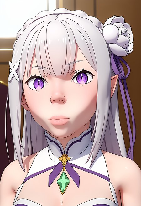 score_9, score_8_up, score_7_up, source_anime,
BREAK
1girl, solo, 3d, 
<lora:shiEmiliaV2:0.7> shimilia, long hair, grey hair, purple eyes, pointy ears, crown braid, hair flower, hair ribbon, purple ribbon, x hair ornament, white dress, cleavage, bare shoulders, 
<lora:shiMewingFaceV1:1.0>, shimewing, closed mouth, lips, nose, raised eyebrows, meme, looking at viewer, jaw, 
upper body,