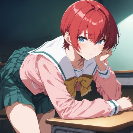 masterpiece,high score,great score,absurdres,solo,looking at viewer,school_uniform,pink long sleeves,yellow bow,green skirt,<lora:Asami_Replay ag4o v1:1> asami_replay, red hair, short hair, blue eyes,