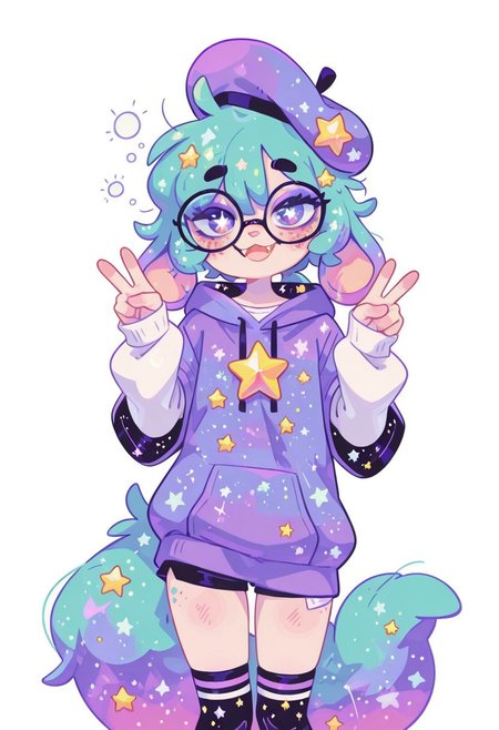 smooth quality, masterpiece, absurdres, very_aesthetic,   colorful, pastel colors, freckles, momosp, galaxy, 
BREAK
((tired, slim_body, sleepy, slight smile, body blush, soft skin, animal ears, kemonomimi, androgynous, otoko no ko, well developed face, purple eyes, big eyes, big pupils, turquoise hair, short hair, low ponytail, large ears, fluffy ears, (floppy ears:1.5), eyeliner, black eyeliner, purple eyeshadow, turquoise fox tail, fangs, dog nose, star decorations, white shirt, shorts, purple hoodie, short over long sleeves, long socks, paws, purple beret, scrawny, focused, calm, warm, cozy, oversized glasses))
BREAK 
solo, tanzanite, diivstyle, best quality, flat color, no lineart, no outline, blurry background, depth of field, thick eyelashes, goth, black ink, looking at viewer
BREAK 
paw_pose, cute, smile, white background, standing, double v