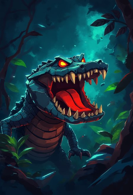 pst009, An Alligator is yelling at you in the jungle, in jungle, dynamic, hearthstone style,